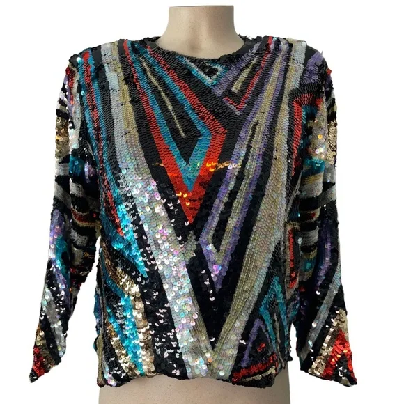 Vintage Multicolored Geometric Print Sequin Long Sleeve Blouse Peony and Phoenix - Picture 1 of 10